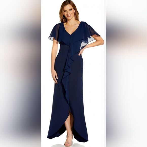Adrianna Papell Crepe and Chiffon Flutter Sleeve Cascade Gown NWT size 6 Blue - Picture 1 of 5